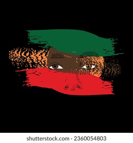 Design for a black woman's eyes t-shirt with green, orange and red strokes. Vector illustration for black history month.