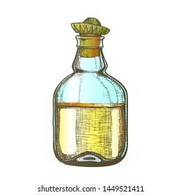 Design Blank Tequila Bottle Mexican Hat Cap Vector. Drawn Sketch Authentic Mexico Bottle Of Cactus Alcoholic Beverage With Sombrero On Top. Color Glass Container Template Illustration