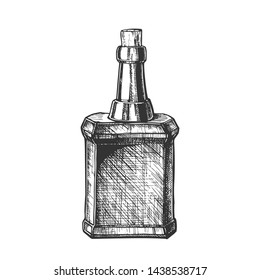 Design Blank Vintage Whisky Bottle Cork Cap Vector. Ink Drawn Sketch Retro Bottle Of Grain Alcoholic Liquid. Concept Monochrome Black And White Mockup Glass Container Template Cartoon Illustration
