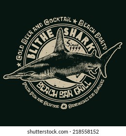 Design Blithe Shark Beach Bar and Grill for poster or t-shirt print with shark, fonts and textures. vector illustration. grunge effect in separate layer.