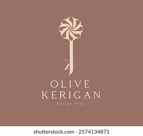 Design blog key label lettering olive kerigan drawing in vintage art style on beige background