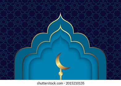 Design with blue arabesque decorations in mosque arch shape on dark background. Ramadan Kareem card with moon.