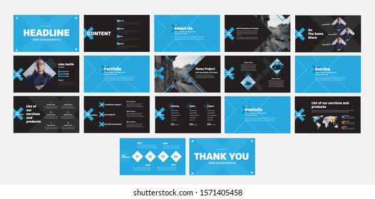 Design of blue and black presentation slides with rhombus and crosses, for annual report and startups. Web slide template for marketing and infographic timeline elements concept. Set