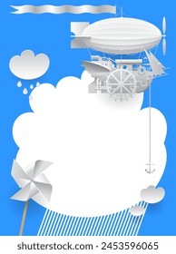 Design of a blue and white page steampunk template with a paper propeller, clouds and a complex fantastic flying ship. Vector illustration