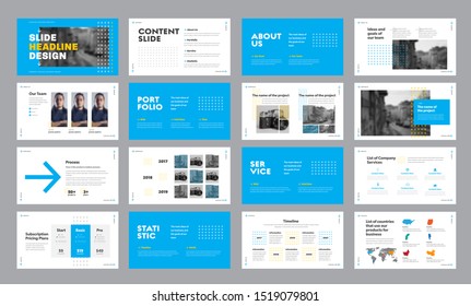 Design of blue and white presentation slides with arrows and squares, for annual report and web slides for marketing. Template for startup and infographic timeline elements concept.