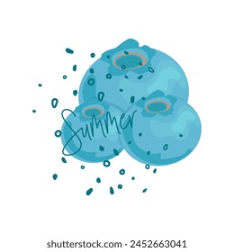 Design with blueberry lettering "summer" on an isolated white background