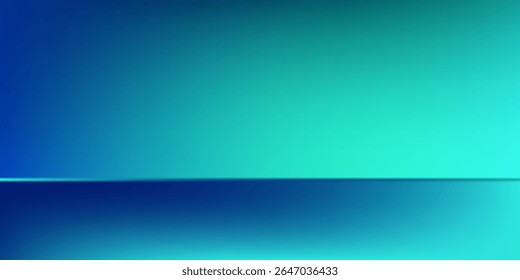 Design blue-green gradient studio room, abstract background pattern, walls and floor reflect neon lights, dark tones and feel speed of digital technology simple art modern