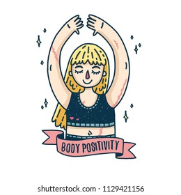 Design of a body positive poster with a young blonde girl. Happy plus size woman with scars is engaged in sports. Motivating feminist poster. Print with a cartoon character with marks. Vector