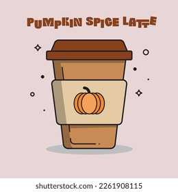 Design for boho poster, card, t-shirt print.pumpkin spice latte vector illustration isolated on white background. Paper cup.Pumpkin spice cake, autumn coffee in orange paper cup isolated on white back