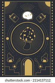 Design in boho style for the cover, astrology, tarot. Fly agaric and skull. Vector illustration.