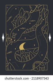 Diseño en estilo boho para la cubierta, astrología, tarot. Serpiente y hojas. Ilustración vectorial.