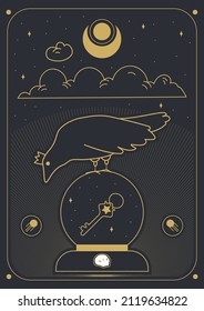 Design in boho style for the cover, astrology, tarot. Crow and key. Vector illustration.