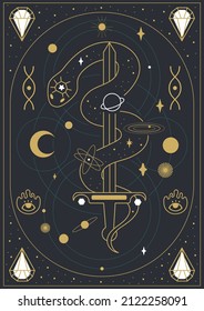 Design in boho style for the cover, astrology, tarot. Snake and sword. Vector illustration.