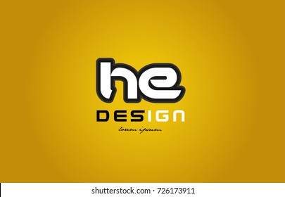 design of bold alphabet letter combination he h e with white color and black contour on yellow background suitable for a company or business