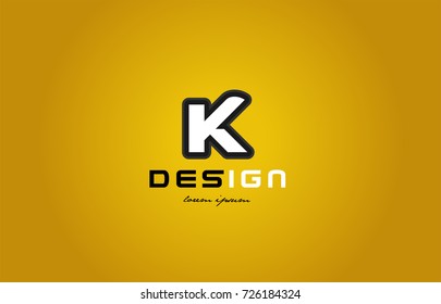 design of bold alphabet letter k with white color and black contour on yellow background suitable for a company or business