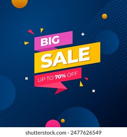 Design a bold "Big Sale" banner with a "70% Off" message on a vibrant blue background to attract attention and draw in customers with its captivating design.