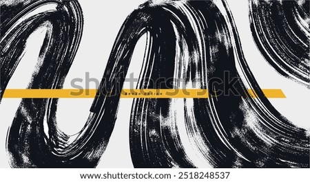 Design bold black brush stroke with texture. Vector hand drawn distress damaged, grunge edge vintage, banner. Template grainy bold brush strokes with small dots. Old vector background for posters.