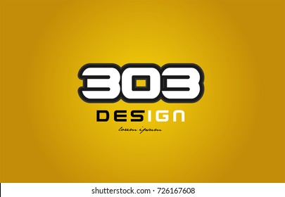 design of bold number numeral digit 303 with white color and black contour on yellow background suitable for a company or business