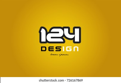 design of bold number numeral digit 124 with white color and black contour on yellow background suitable for a company or business
