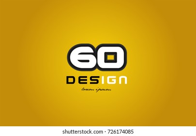 design of bold number numeral digit 60 with white color and black contour on yellow background suitable for a company or business