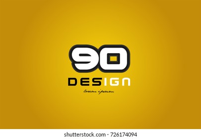 design of bold number numeral digit 90 with white color and black contour on yellow background suitable for a company or business