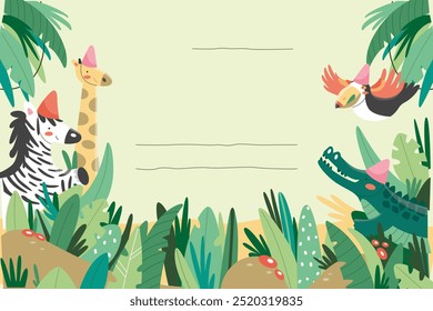 Design for a book cover with a theme of zebras, giraffes, crocodiles and birds in the forest