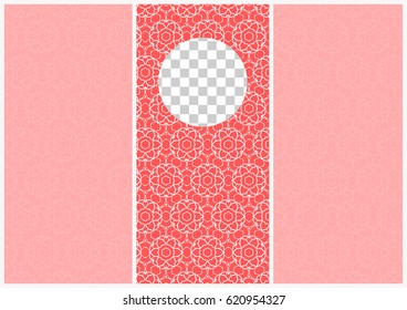 design of the booklet in pink tones with elements of a geometric floral pattern. A4 sheet size. The central element with a dedicated seat under the logo. Vector. for design of the invitation, the menu