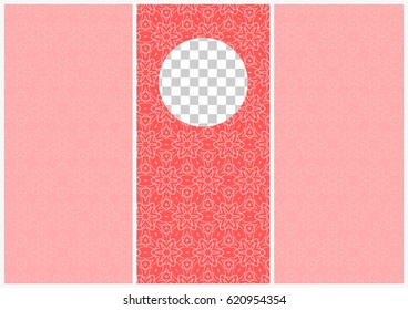 design of the booklet in pink tones with elements of a geometric floral pattern. A4 sheet size. The central element with a dedicated seat under the logo. Vector. for design of the invitation, the menu