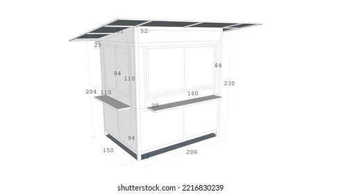 the design of the booth container  complete with sizes view front