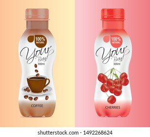 Design a bottle of drink.coffee drink bottle, cherries juice bottle.