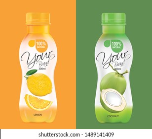 Design a bottle of fruit juice, lemon juice bottle, coconut drink bottle.