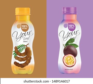 Design a bottle of fruit juice, passion fruit juice bottle, tamarind drink bottle.