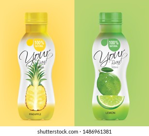 Design A Bottle Of Fruit Juice, Pineapple Juice Bottle, Lemon Juice Bottle.