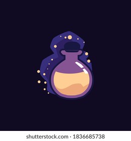 Design of a bottle with a magic potion and lights. Icon for RPG games. Vector illustration with a black background.