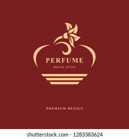 Design of Bottle perfume. Monogram flower elements, graceful template. Calligraphic elegant line art logo design. Emblem sign for Perfume packaging, aroma, Boutique, Jewelry. Vector illustration