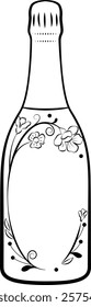 Design of a bottle of spirits, sparkling wine, prosecco, champagne decorated with flowers and a space for text on the label. Festive vector for birthday card or invitation