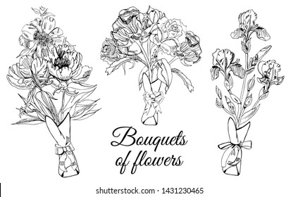 Design  with bouquets of different flowers. Hand drawn ink sketch of iris, peony and rose. Black objects isolated on white background for banner, invitation or greeting card.