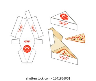 Design of box for pizza slice. Unwrapped box with layout elements and 3d presentation 