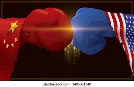 Design with boxing gloves representing China and U.S.A. with ragged flags ready to fight during the trade war between American and Chinese powers.