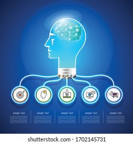 Design brain light infographic 5 options,  Business concept infographic template can be used for workflow layout, diagram, number options, timeline or milestones project.