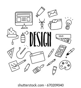 Design and branding hand drawn doodle icons set. Drawing and painting tools.