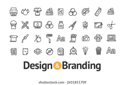 Design and Branding Sign Black Thin Line Icon Set Include of Paintbrush, Palette, Easel and Scissors. Vector illustration of Icons