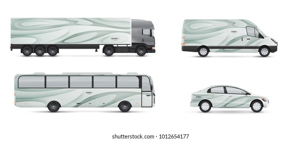 Design branding vehicles for advertising and corporate identity. Mock up for transport. Passenger car, bus and van. Graphics elements in modern paper style.