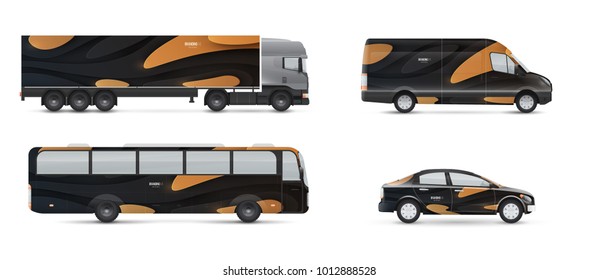 Design branding vehicles for advertising and corporate identity. Mock up for transport. Passenger car, bus and van. Graphics elements in modern paper style.
