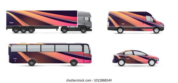 Design branding vehicles for advertising and corporate identity. Mock up for transport. Passenger car, bus and van. Graphics elements with modern geometric style.