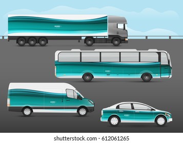 Design branding vehicles for advertising and corporate identity. Mock up for transport. Passenger car, bus and van. Graphics elements with paper art waves.