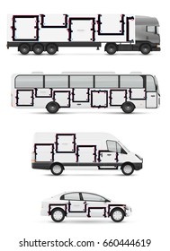 Design branding vehicles for advertising and corporate identity. Mock up for transport. Passenger car, bus and van. Graphics elements with distorted glitch style.