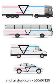 Design branding vehicles for advertising and corporate identity. Mock up for transport. Passenger car, bus and van. Graphics elements with distorted glitch style.