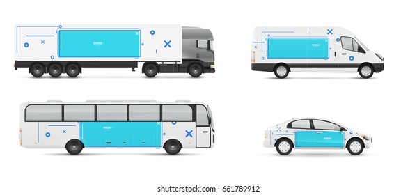 Design branding vehicles for advertising and corporate identity. Mock up for transport. Passenger car, bus and van. Graphics elements with modern geometric style.