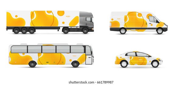 Design branding vehicles for advertising and corporate identity. Mock up for transport. Passenger car, bus and van. Graphics elements with modern geometric style.